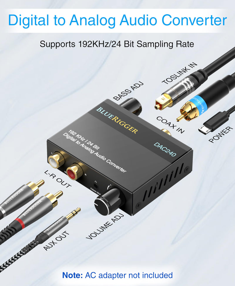 BlueRigger Digital to Analog Audio Converter DAC - (192kHz S/PDIF, Optical to 3.5mm, Coax to RCA Adapter L/R, Toslink Optical to RCA) - Compatible with HDTV, Gaming Console, Audio Systems, Headphones