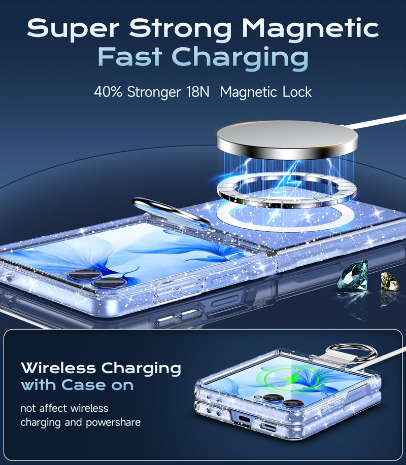 for Samsung Galaxy Z Flip 8 Case Magnetic, Z Flip8 with Ring, Glitter Clear | Compatible with MagSafe, Military Drop Protection, Glitter Bling Sparkly, Slim Fit Hard PC Rugged Case for ZFlip 8 for Samsung Galaxy Z Flip 8