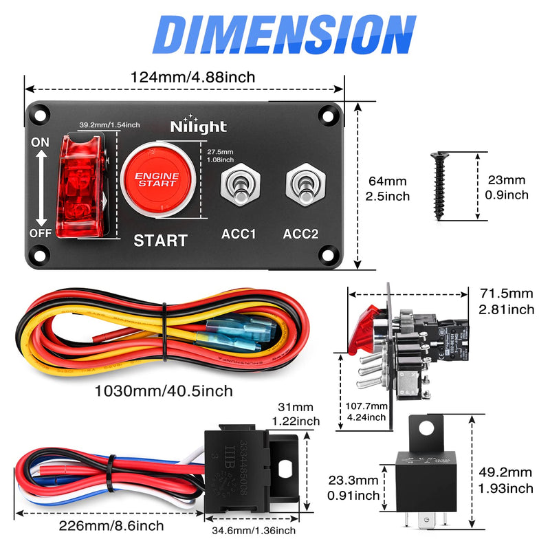 Nilight Ignition Rocker Switch Panel 12V 4 in 1 with Engine Push Button Toggle Switches with Relay Wiring Harness LED for RV Truck Racing Car Boat Marine Trailer Red 4 in 1 Panel