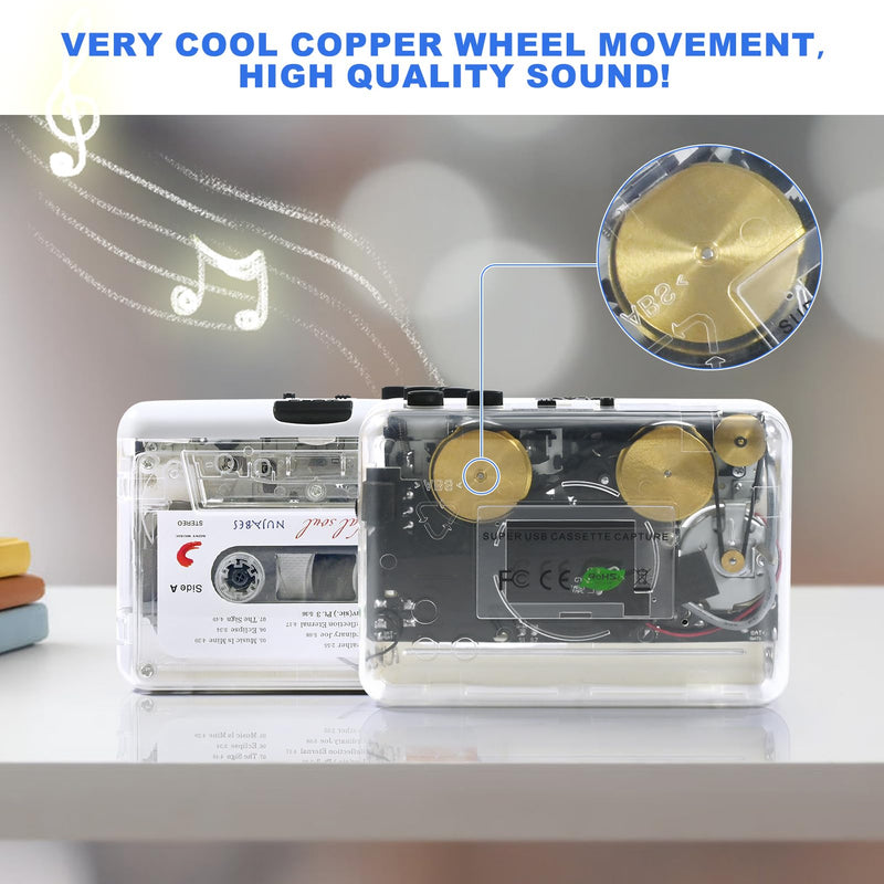 Auto Reverse ＆Clear Stereo Cassette Player,Built-in Cool Copper Wheel Movement＆Earphone,Cassette Tape to MP3 Converter with Tape Converter Software,Powered by USB Power Cord or AA Battery