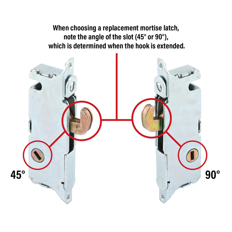 Prime-Line E 2199 Stainless Steel Mortise Lock - Adjustable, Spring-Loaded Hook Latch for Sliding Patio Doors Made of Wood, Aluminum & Vinyl, 3-11/16”, 45 Degree Keyway, Round Face (Single Pack) | Adjustable, Spring-Loaded Hook Latch Projection, For Sl...