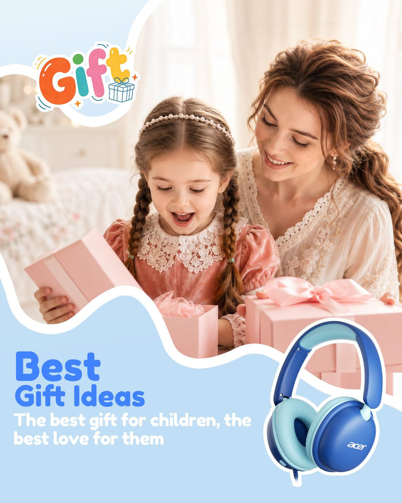 Acer OHW355 Kids Headphones with Cord for School,Over Ear Wired Headphones | 74/85dB Volume Limit, Foldable 3.5mm Jack, Stereo Sound, for Tablet/Computer/Travel/Chromebook-Blue Cyan Blue Cyan