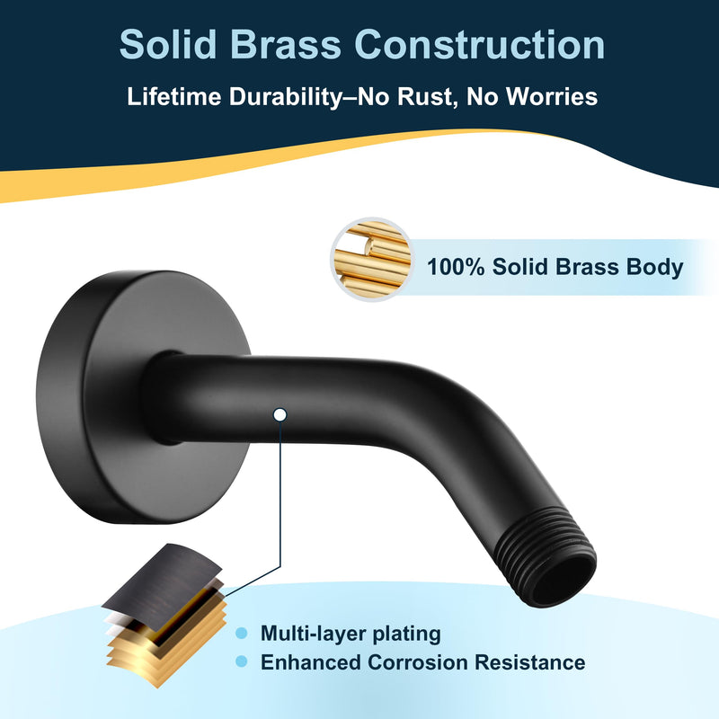 BRIGHT SHOWERS Shower Arm with Flange, Solid Brass 6 Inch Wall Mount Shower Head Extension, Extra Thick All Metal Shower Pipe Arm and Shower Neck Replacement, Matte Black Basic 6 Inch
