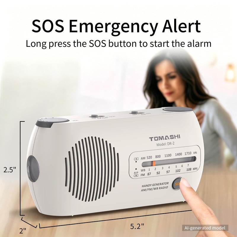 TOMASHI Portable NOAA Weather Radio, Hand Crank Emergency AM FM Radio | USB-C rechargeable, flashlight and SOS alarm. Compact hand crank radio with battery power for home, camping & power outages.