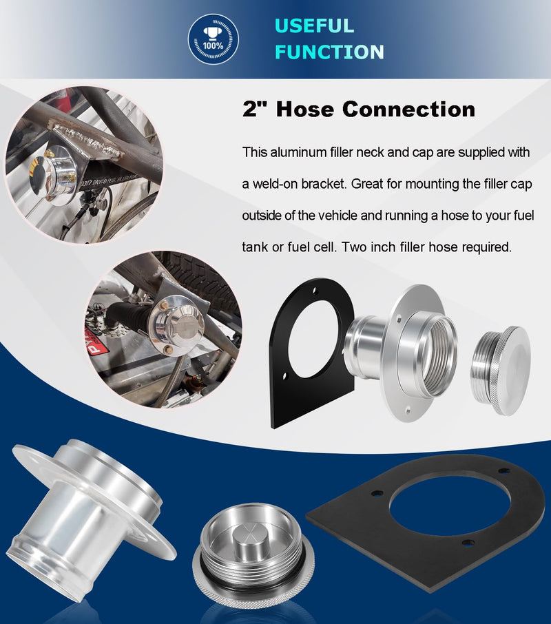 Camoo 17-2530 Remote Fuel Tank Filler Neck With Billet Aluminum Gas Cap & Weld-On Steel Mount Bracket For 2"" Hose Connection, Straight