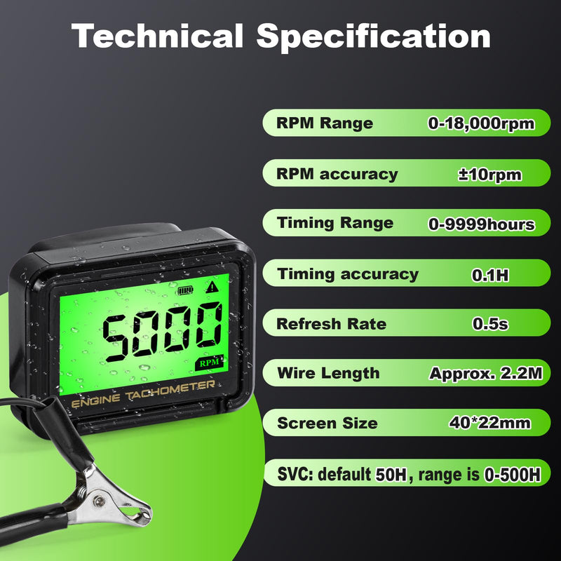 Small Engine Tachometer, Digital Tachometer Tach Gauge with Clip, Inductive Hour Meter Battery Replacement for Gas Small Engine Cropper Generator Lawn Mower RV Chainsaws Outboard Motor
