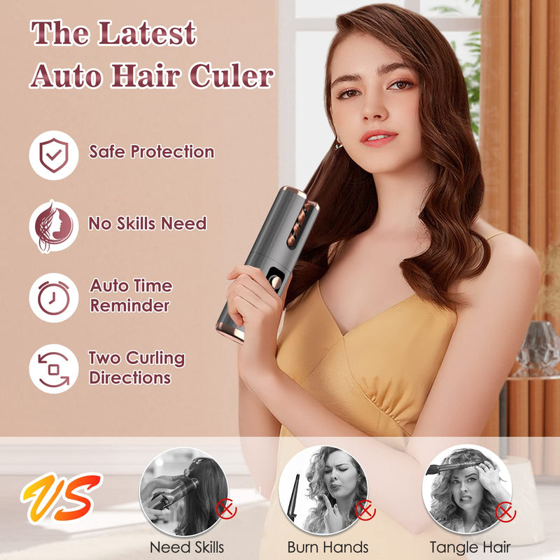 Cordless Hair Curler, Automatic Curling Iron Ceramic Rotating Hair Curler 6 Temperatures & Timer Settings 5000mAh Rechargeable Hair Curling Iron Wand Anti-Tangle for Home Salon Travel Use