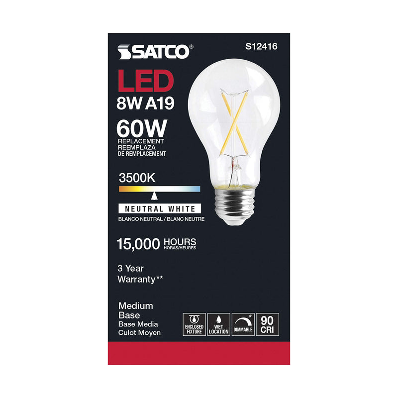 Satco Dimmable LED Filament Bulbs, S12416, 810 Lumens, 8 Watt, A19; E26 Medium Base; 3500K Neutral White; 90 CRI; 120V, Wet Location Rated, Residential, Hospitality, Commercial (6 Light Bulbs)
