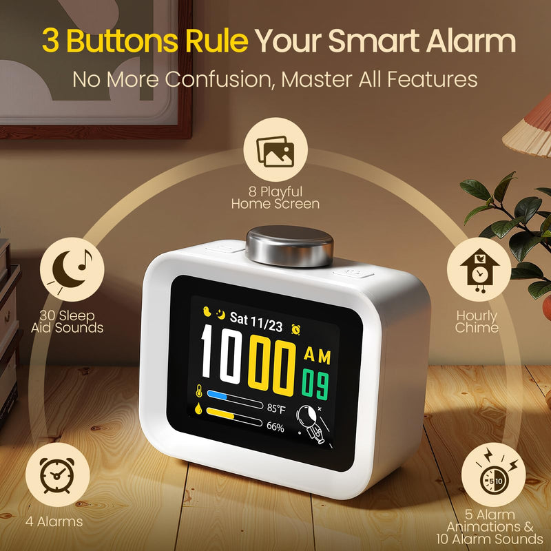 AIRIVO Alarm Clock, Colorful LCD Display with 8 Visual Themes, 4 Digital Alarms with 30 White Noise for Bedrooms, 112dB Loud Alarm Clock with Hourly Chime for Heavy Sleepers, Gift for Kids Teens