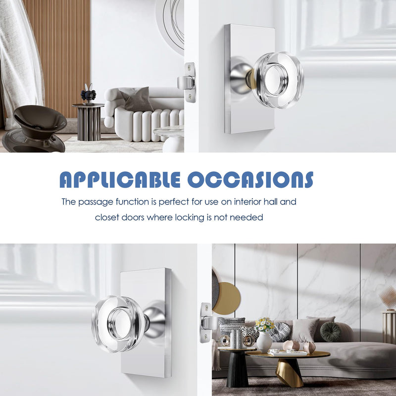 Passage Glass Door Knob Interior Crystal Door Knobs for Hall Closet, Polished Chrome Passage 1 Pack