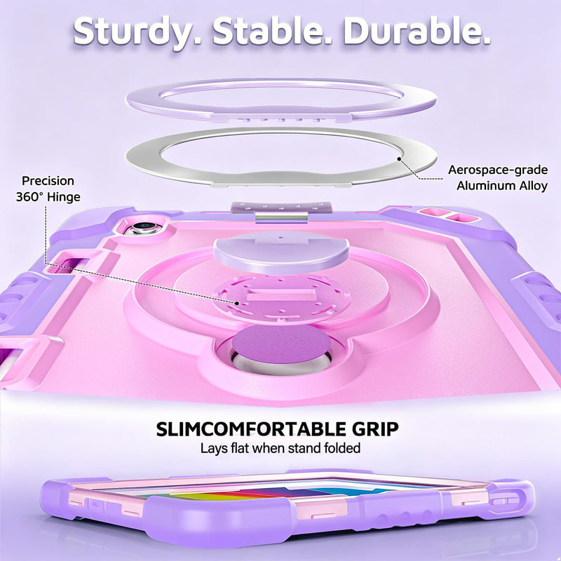 Case for iPad A16 11th Gen 11" 2025 & iPad 10th Gen 10.9" 2022 | 4-Layer Military Grade Shockproof Cover,Built-in Pencil Holder,360° Rotating Alloy Stand,Detachable Shoulder Strap Lilac Blush