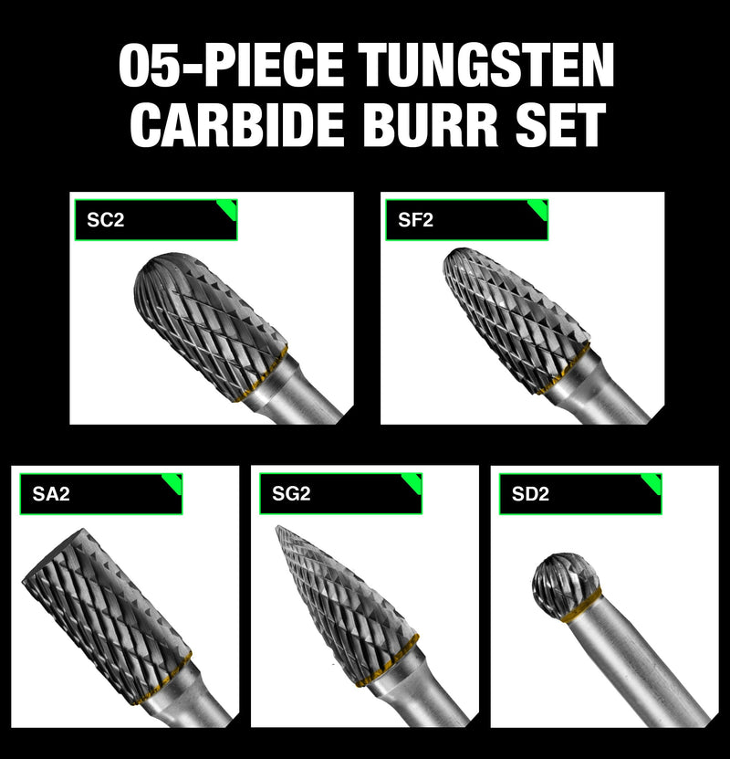5Pcs Carbide Burr Set 1/4 Shank w/Clear Box Head Dia 8mm Die Grinder Bits Rotary Tools Attachment Kit Rasp File Accessories Metal Wood Stone Steel Grinding Deburring Cutting Porting Carving 5 pcs