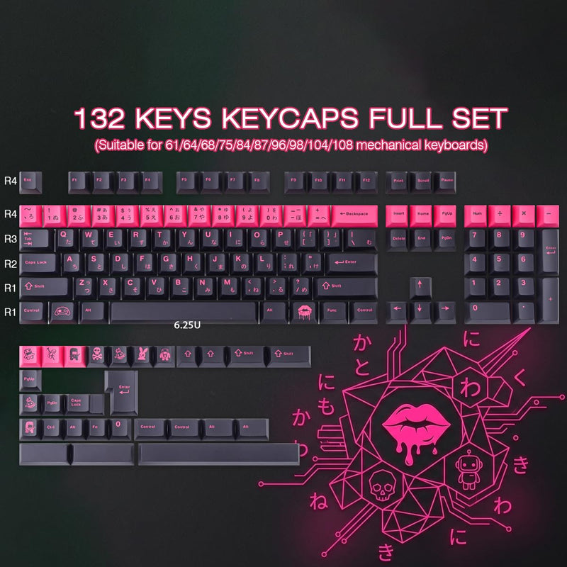 Tsungup Japanese Keycaps - Retro Cherry Profile 132 Key caps Keyboard | Black & Blush Pink Dye Sublimation PBT With 6.25U 7U Spacebar for Cherry MX Switches Mechanical Keyboard Black&Blush Pink