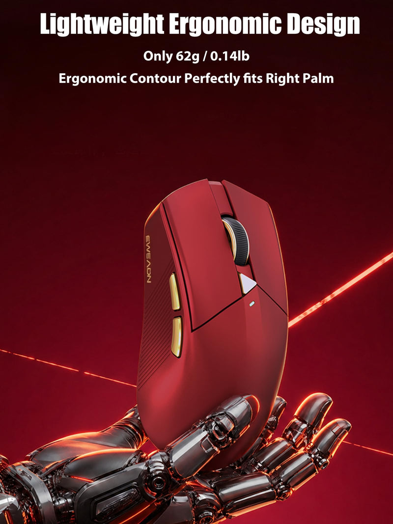 Wired/Wireless Gaming Mouse, Tri-Mode 2.4G/BT/USB-C, PAW3311 Sensor | 12800 DPI, Dual 1K Polling Rate, 62g Lightweight, 800mAh, Macro Programmable, Ergonomic Mouse for Win/Mac/PC/Laptop, Red
