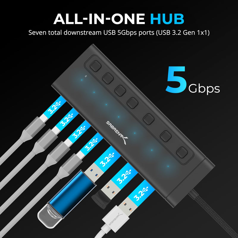 SABRENT USB C Hub 7-Port 48W Powered Hub with Switches (HB-3A4C) 7-PORT - USB Type C