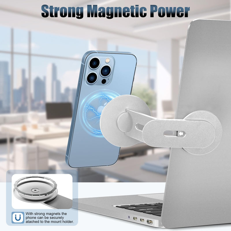 Updated Magnetic Laptop Phone Holder - Adjustable Continuity Camera Mount Stand Compatible with MagSafe, Slim Laptop Mount Computer Expansion Bracket for All Smartphone Silver
