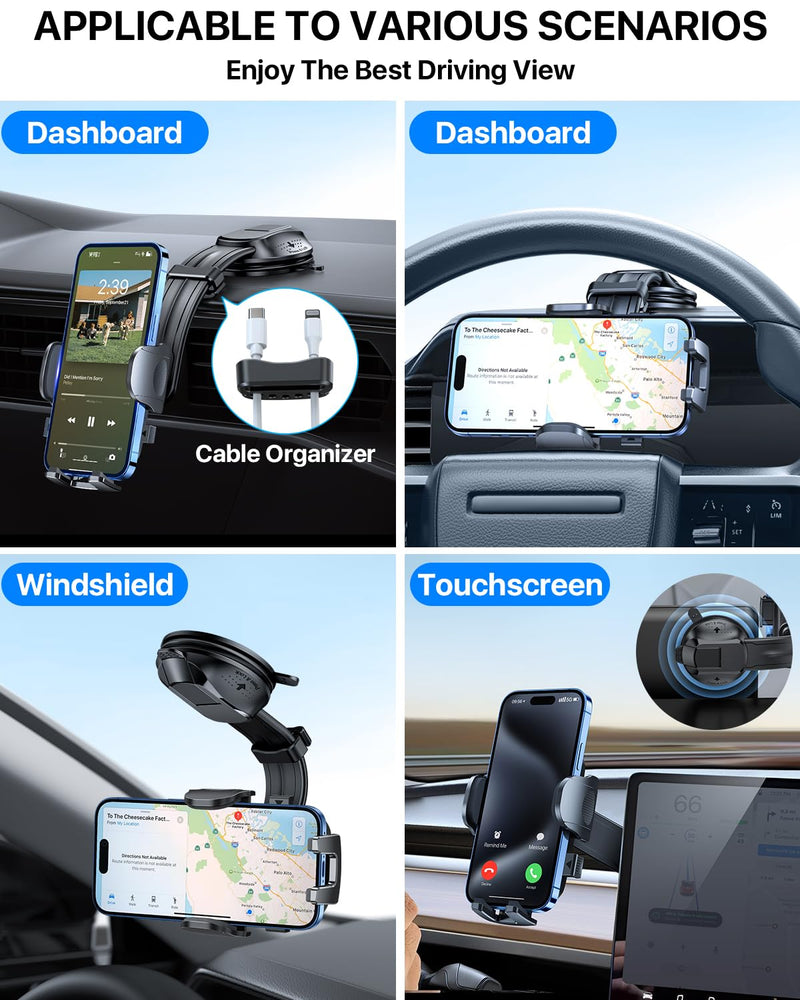YRU [2025 Ultimate Car Phone Holder Mount [Bendable & Adjustable Aluminum Arm] Cell Phone Holder for Car Dashboard Windshield Phone Stand for iPhone 16 15 14 13 Pro Max Samsung Pickup Truck, Black