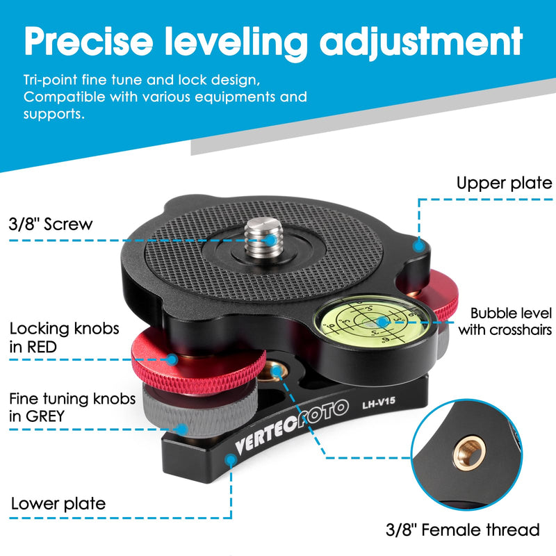 【UPGRADED】 Tripod Leveling Base : Bigger bubble level w/crosshair, Fine leveling faster; Enlarged lock knobs, Lock easier, Perfect for a Smart telescope or Panos; Max load 33 Ib