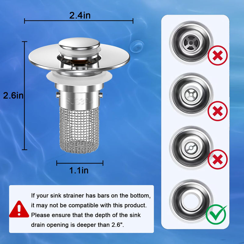 Bathroom Sink Drain Strainer, Pop-up Sink Drain Strainer with Removable Stainless Steel Strainer Basket Hair Catcher, Bathroom Sink Strainer for Bathroom Sink Stopper Replacement (3PCS) Sliver-3
