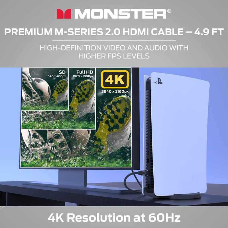Monster M-Series Certified Premium HDMI Cable 2.0, High-Speed 22.5 Gbps, 4K UHD 60Hz, Triple-Layer Shielding, Duraflex Jacket, HDMI Cable for TV, Monitor, Gaming, PC, 4.9 ft
