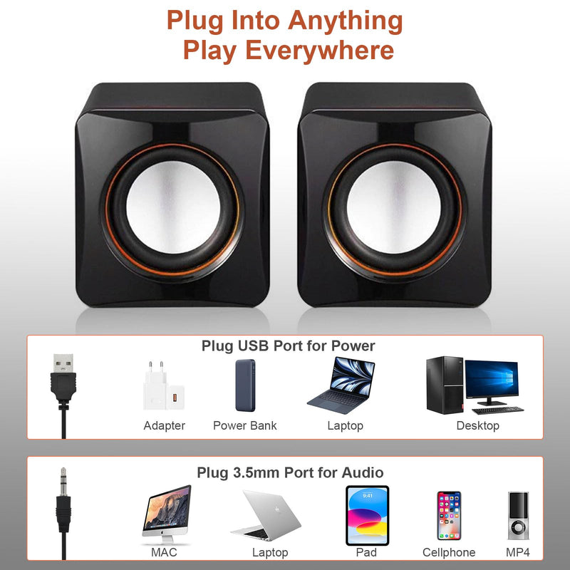 G GENLEAS 1 Pair USB 2.0 Wired Computer Speakers, Mini Desktop Laptop Speakers with Adjustable Volume, 3.5mm AUX Plug Portable Multimedia Stereo Sound Speaker for PC Laptop Tablet Desktop Black