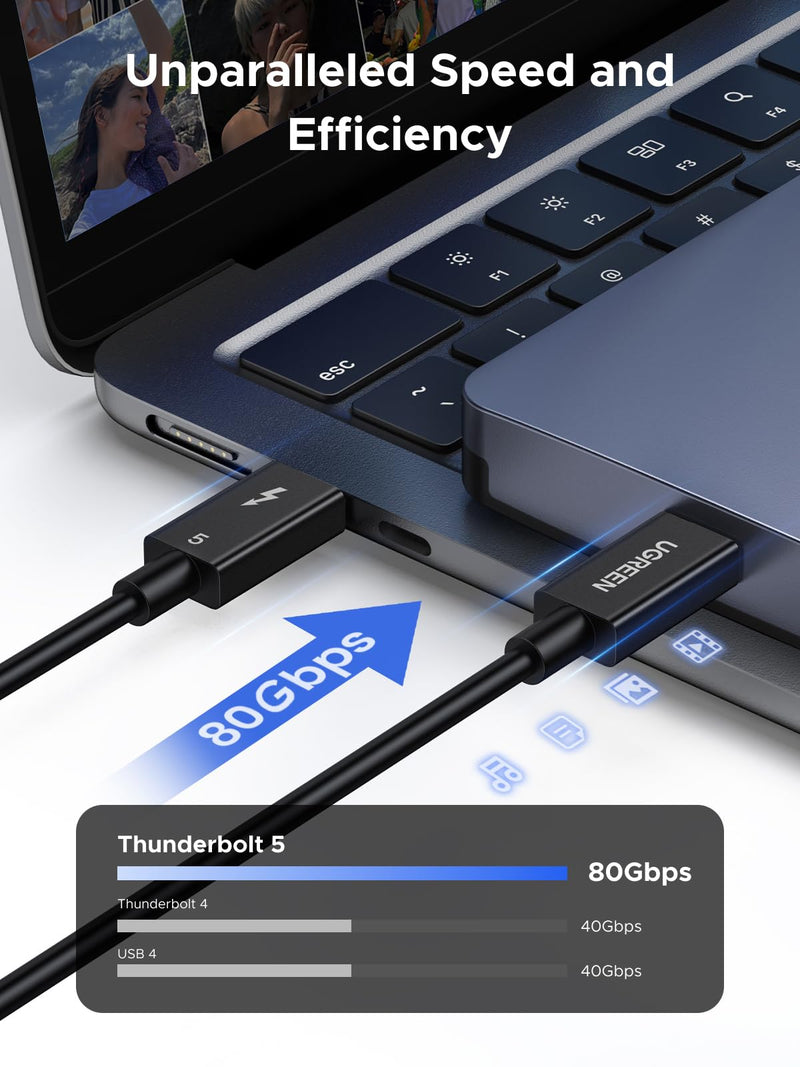 UGREEN Thunderbolt5 [Intel Certified] USB-C to USB-C Cable, USB4 80Gbps bidirectional, 16K@60Hz/3x4K@144Hz Video, PD3.1 240W, Compatible Thunderbolt 4/3, for MacBook Pro/iPad/iPhone/hubs/SSD, 3.3FT