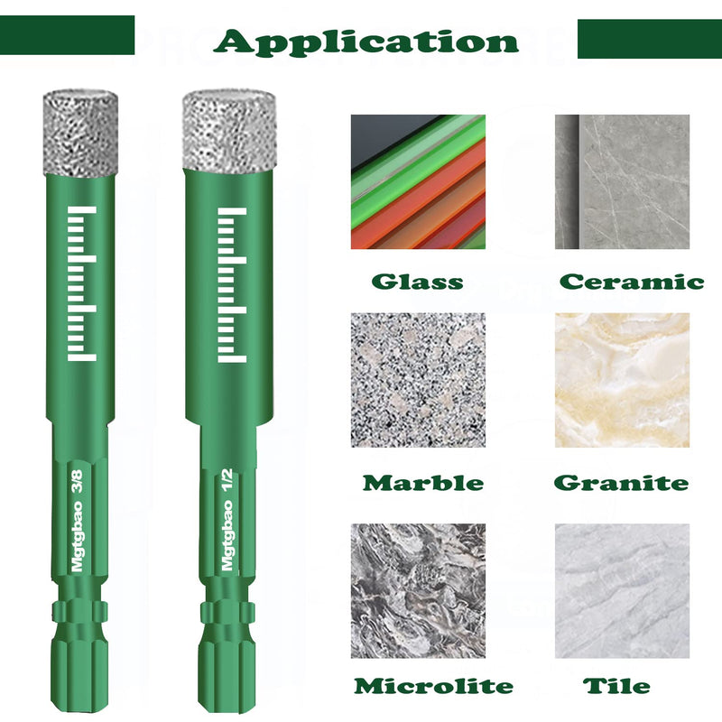 10PCS Green Dry Diamond Drill Bits Set, Tile Drill bit for Granite Marble Tile Ceramic Stone Glass Diamond Hole Saw Kit with Size 3/16,1/4, 5/16, 3/8, 1/2