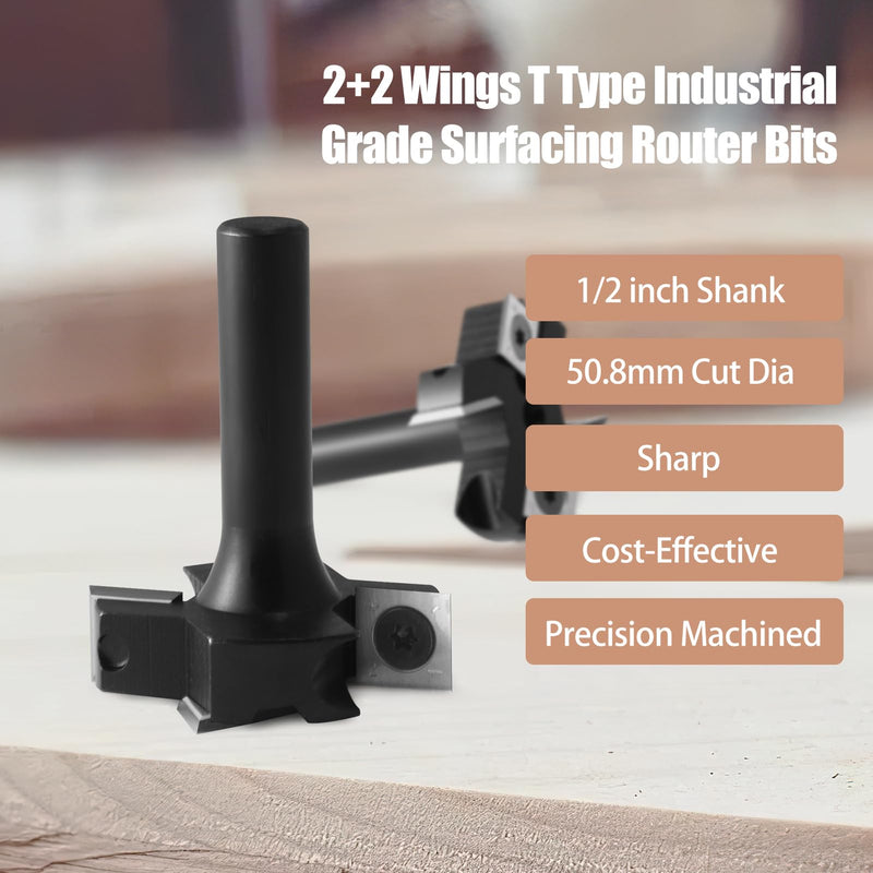 CNC Spoilboard Surfacing Router Bit 1/2" Shank,Carbide Insert Surfacing Router Bit with 2" Cutting Diameter, 2+2 Slab Flattening Router Bits with 10 PCS Indexable Insert(14x14x2mm for Flycutter 2" Dia 2+2 T Type