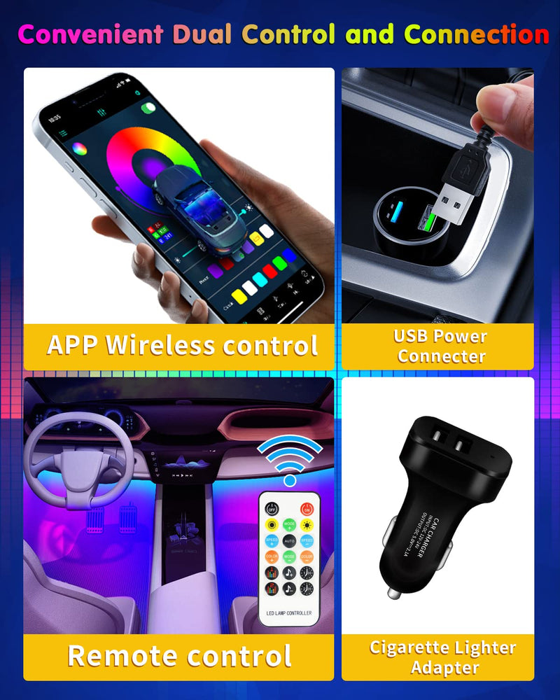 RGB Interior Car Strip Lights with Smart APP Control, Music Sync Under Dash Footwell Neon Internal Lighting Kit Multicolor,12V LED Strip Lights for Cars, Trucks, SUVs with Car Charger(1 Set) 1IN4 Interior Lights 48SMD(4 Lines Design)