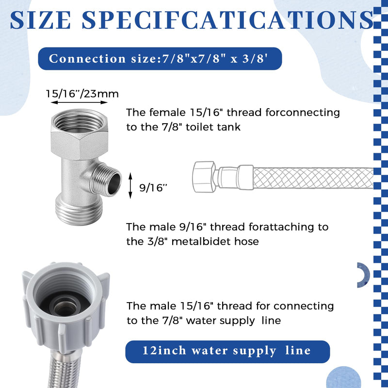 Blulu Bidet T Adapter, Metal T Valve for Bidet 7/8"x7/8"x3/8" with 12 Inch Flexible Toilet Connector, 3 Way Tee Connector Attachment for Toilet Bathroom