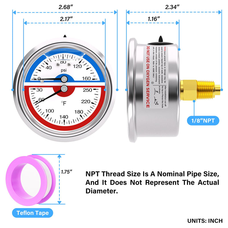 MEANLIN MEASURE 0-160Psi Stainless Steel Thermal Pressure Gauge 30-250℉ Liquid Filled Pressure Gauge 1/4" NPT 2.5" FACE DIAL, with Teflon Tape, Back Mount