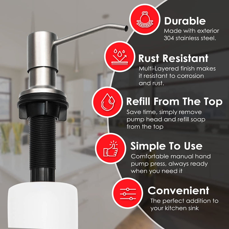 Soap Dispenser for Kitchen Sink (Brushed Nickel), Fit 1-to-1.25-inch Hole, Built in Soap Dispenser, Stainless Steel Pump Replacement Brushed Nickel