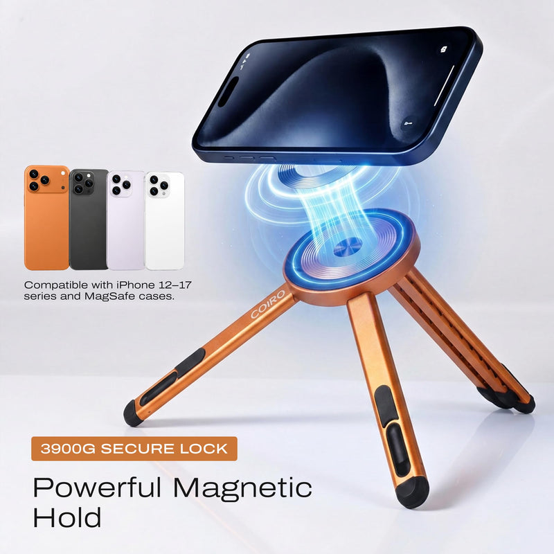 3-in-1 Magnetic Foldable Laptop Stand and Phone Stand for Desk Aluminum Alloy Adjustable Holder 10–16” Laptops & 4–13” Phones/Tablets, Magnetic Compatible with iPhone Android, Orange
