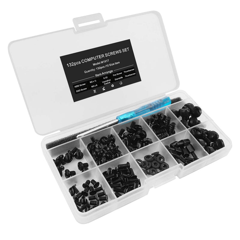 132pcs PC Build & Repair Screw Kit with Screwdriver for Motherboard, GPU,HDD, SSD,Case Fans -Includes Standoffs & Thumbscrews