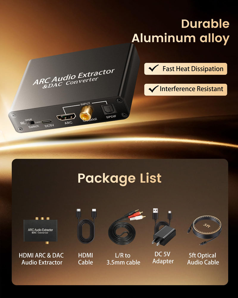 HDMI ARC Audio Extractor DAC Audio Converter 192KHz Digital to Analog Converter for PS3 PS4 HDTV DVD Home Systems, HDMI ARC/Optical/Coaxial Input, SPDIF/Optical/RCA/3.5mm Stereo Output(with 4 Cables) Black