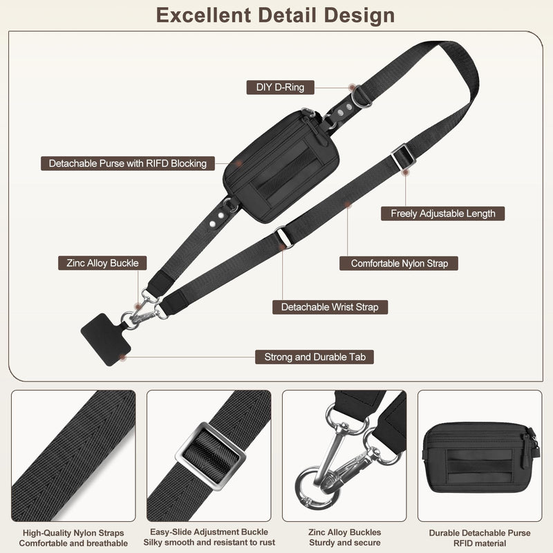 Clip and Go Strap for Phone with Wallet Crossbody, Adjustable & Detachable Phone Lanyard with RFID Wristlet Wallet, ID Window, Zipper, Universal Phone Strap for All Phones, Black (M) Medium
