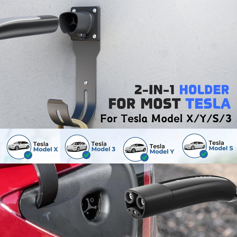 MECMO for Tesla Charger Holder - Wall Mount Dock & J-Hook for Model 3/Y/X/S, Heavy Duty Steel EV Charging Cord Hanger Compatible with NACS Connector
