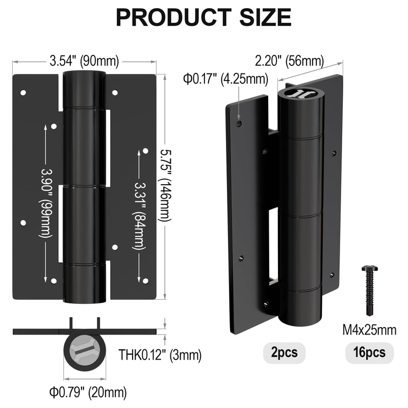 2 Pack Self Closing Hinge 5-3/4" Matte Black Auto Close Door Hinges，Adjustable Commercial Grade Auto Self-Closing，Aluminum Gate Hinges for Metal Gates 2