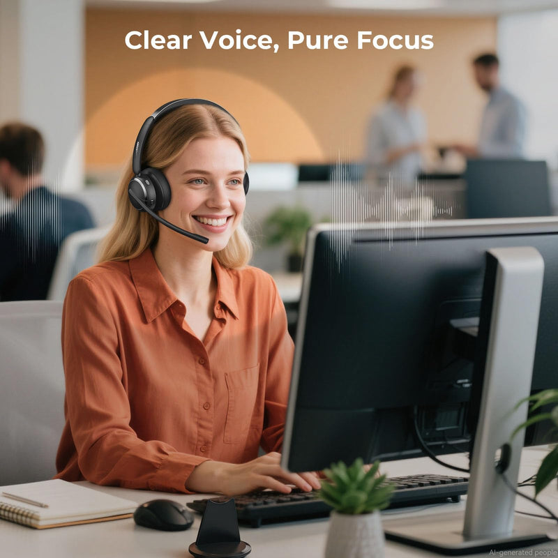 Wireless Headset with Mic for Work, Bluetooth 6.0 Headset with Microphone for PC, 65H AI Noise Cancelling Mic, 60ft Range, USB Dongle & Charging Base, On-Ear Headphones for Teams Zoom Call Center