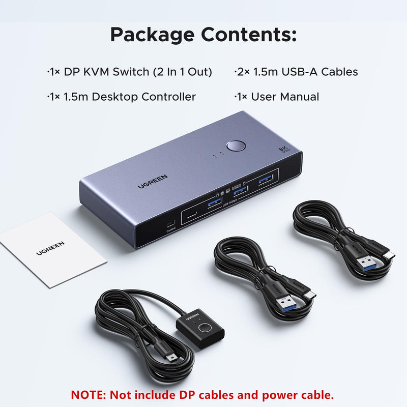 UGREEN 8K@60Hz Displayport KVM Switch 1 Monitors 2 Computers, Aluminum | with 4 USB 3.0 Ports, Support 4K@240Hz, Share One Monitor Keyboard Mouse U-Disk Printer, with 2 USB Cables, no EDID Emulation