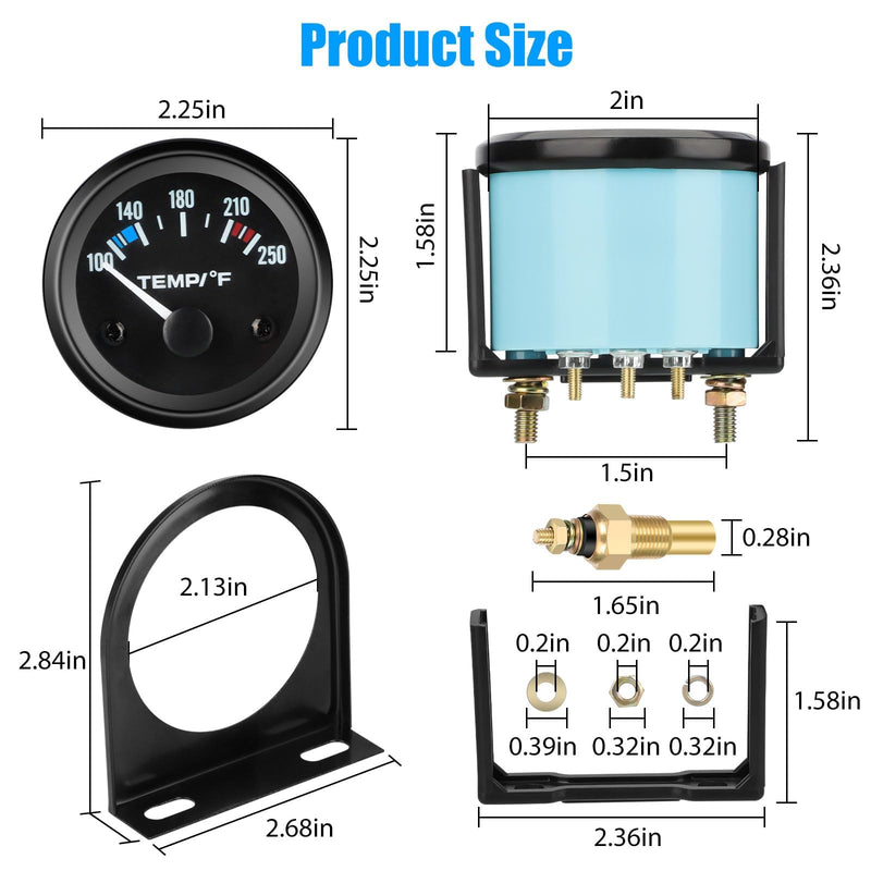 12V Water Temperature Gauge 100-250℉, 52mm Water Temp Gauge LED Backlight, Water Coolant Temp Gauge, Water Temp Meter with Sensor, Electrical Water Temperature Gauge for Car RV Truck Boat Marine