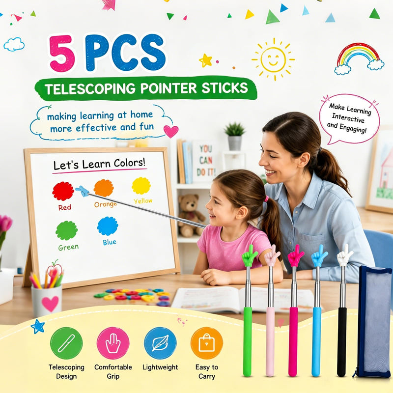 5pcs 30.7" Pointer Finger Stick for Teacher&Classroom, Teacher Must Have | with Pouch, Extendable Hand Pointer Finger, Classroom Essentials - Finger Pointer for School, Vlogging, Group Work, Reading
