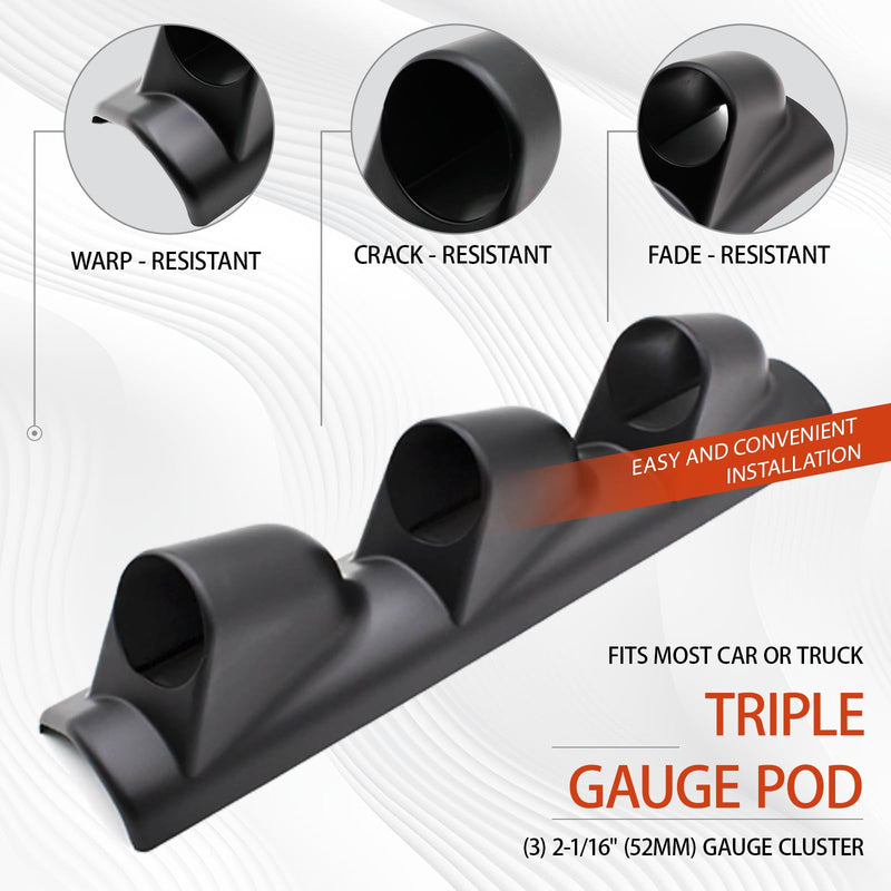Universal Black ABS Plastic Triple Gauge Pod – Fits Most Car or Truck – Securely Mounts Three 2-1/16" (52mm) Digital Gauge Cluster on The A-Pillar