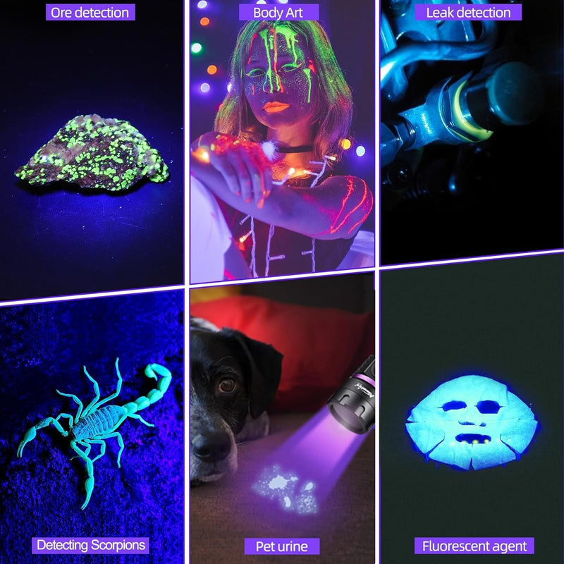 ALONEFIRE SV18 12W 365nm UV Flashlight Powerful USB C Rechargeable Woods Lamp Black Light for Pet Urine Detection, Resin Curing, Minerals, Fishing,Scorpion, Bed Bug with UV Protective Glasses,Battery