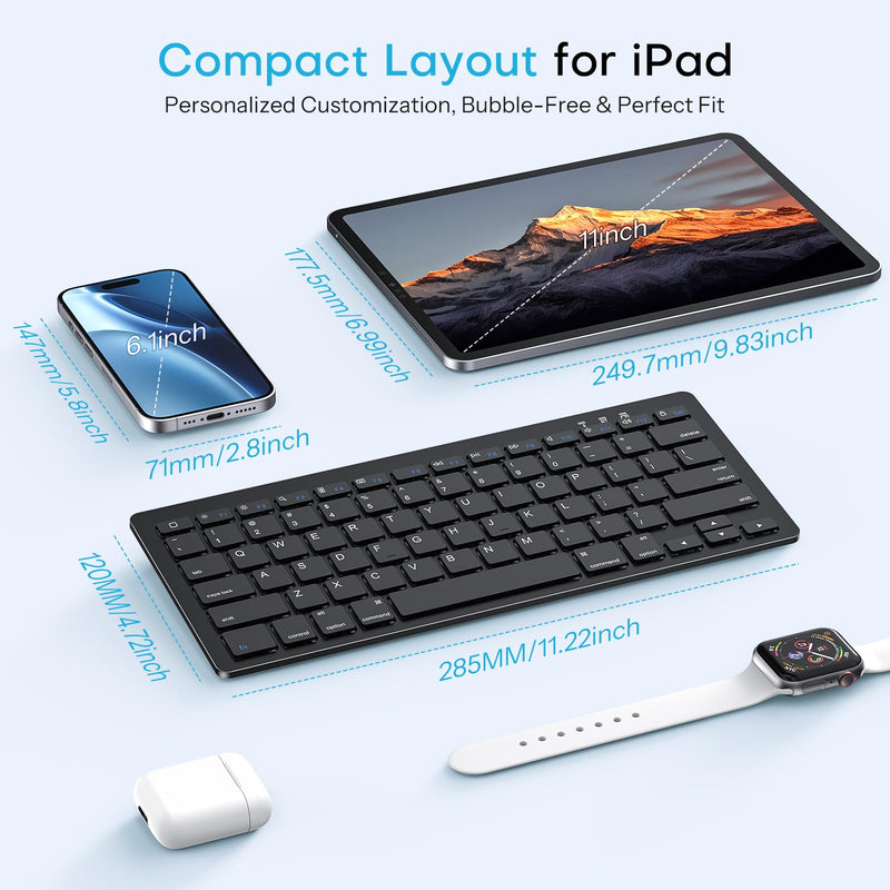 OMOTON Rechargeable Bluetooth Keyboard for iPad/iPhone with Stand Holder | Compact Wireless Keyboard for iPad Pro/Air/Mini/A16 11th/10th, Key Stickers, Easy to Carry for Study, Office and Travel