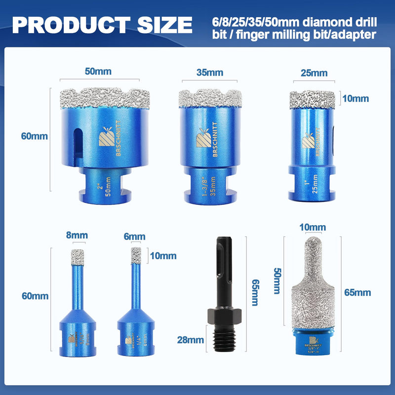 Diamond Core Drill Bit Set - 6/8/25/35/50mm Diamond Hole Saw & for Porcelain Tile Ceramic Marble Granite Drilling 10-25mm Diamond Finger bit with 5/8-11 Thread&Adapter 7 Kit5