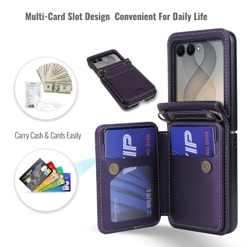 for Samsung Galaxy Z Flip 8 PU Leather Wallet Phone Case with Card Slots (Holds 5 Cards), Anti-Drop Protection, Wrist & Shoulder Strap Purple Galaxy Z Flip 8 5G