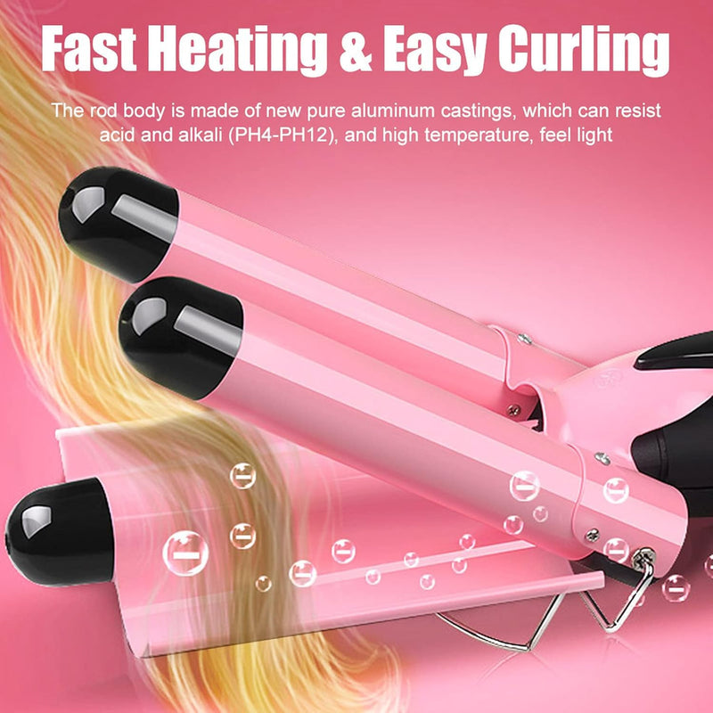  [AUSTRALIA] - 3 Barrel Hair Waver - 25MM Pink Hair Curling Iron with Dual Heat Settings & Temperature Control - Electric Crimper Wand for Big Waves & Curls