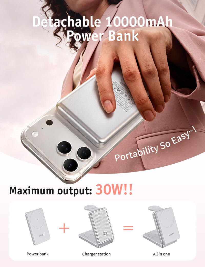 RORRY Auradock iPhone Charging Station 3 in 1 for Apple,10000mAh Power Bank | 30W Wireless Magnetic Fast Charging Station for iPhone/Apple Watch/AirPods with Detachable Magnetic Portable Magsafe Charger pink 10000 mAh