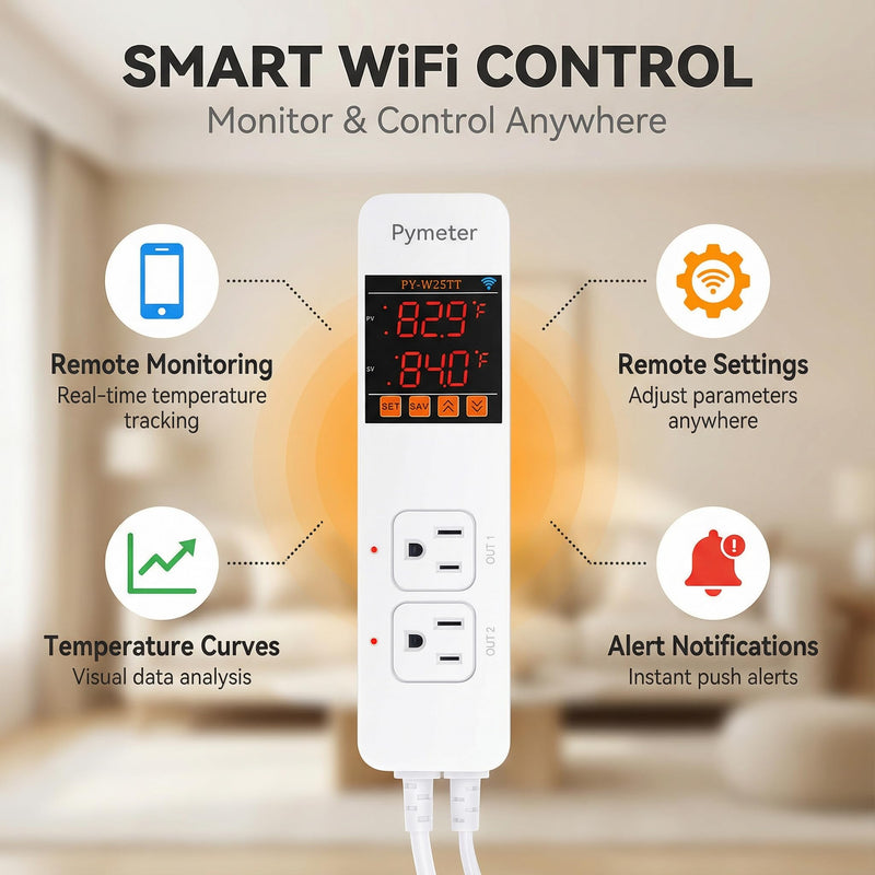WiFi Temperature Controller with Dual Probes, Smart Digital Thermostat with Two Outlets for Reptile Heat Mat, Greenhouse Seedlings, Homebrew Fermentation, Cooling Fan, Remote App Control
